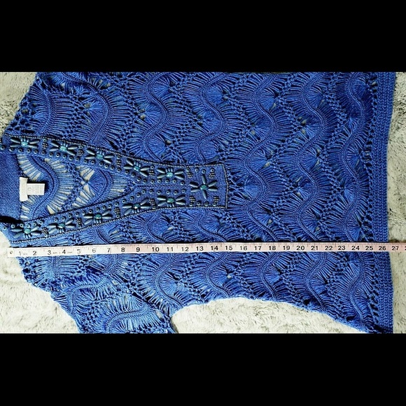 Chicos  Blue Open Knit 3/4 Sleeve Embellished V-Neck Pullover Sweater Sz… - Picture 7 of 10
